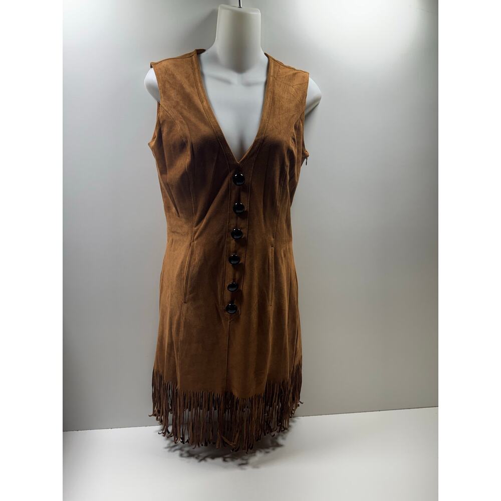 Oyrosy Faux Suede Leather Fringe Sleeveless Dress Cowgirl Western Boho Chic Sz S